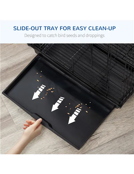 PawHut Steel Bird Cage with Openable Top, Stand, Tray, Handles, Feeding Bowls for Parakeet, Finch - Black