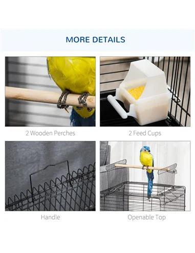 PawHut Steel Bird Cage with Openable Top, Stand, Tray, Handles, Feeding Bowls for Parakeet, Finch - Black