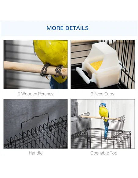 PawHut Steel Bird Cage with Openable Top, Stand, Tray, Handles, Feeding Bowls for Parakeet, Finch - Black