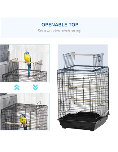 PawHut Steel Bird Cage with Openable Top, Stand, Tray, Handles, Feeding Bowls for Parakeet, Finch - Black