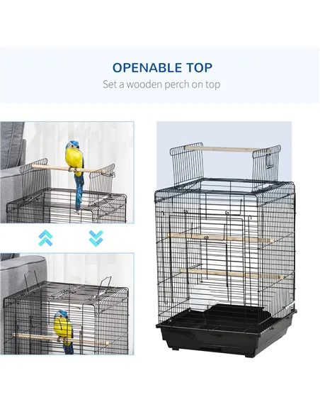 PawHut Steel Bird Cage with Openable Top, Stand, Tray, Handles, Feeding Bowls for Parakeet, Finch - Black