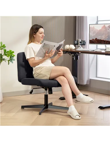 HOMCOM Armless Office Chair No Wheels, Linen Fabric Criss Cross Legged Desk Chair with Wide Seat, Thick Padding, Tilt Function, 