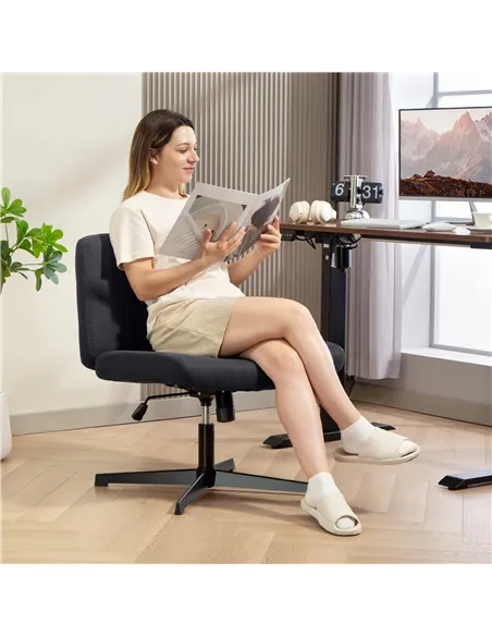 HOMCOM Armless Office Chair No Wheels, Linen Fabric Criss Cross Legged Desk Chair with Wide Seat, Thick Padding, Tilt Function, 