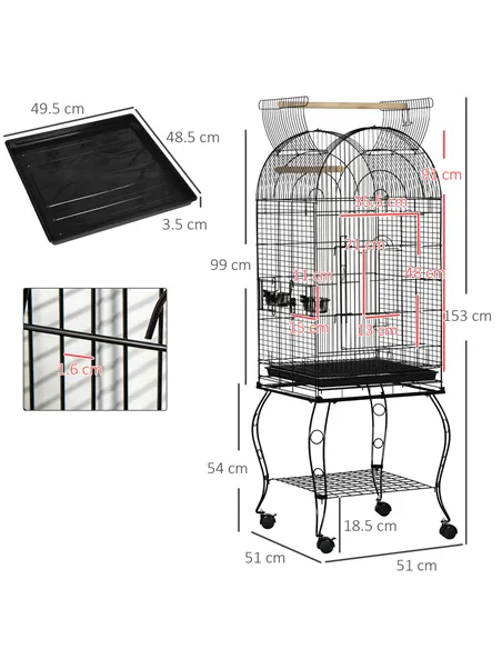 PawHut 1.53(m) Bird Cage, Pet Viary, Feeding Stand, with Wheels, Perch