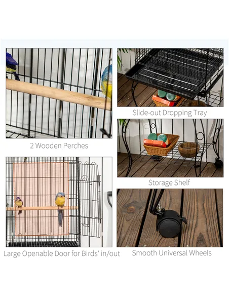 PawHut 1.53(m) Bird Cage, Pet Viary, Feeding Stand, with Wheels, Perch