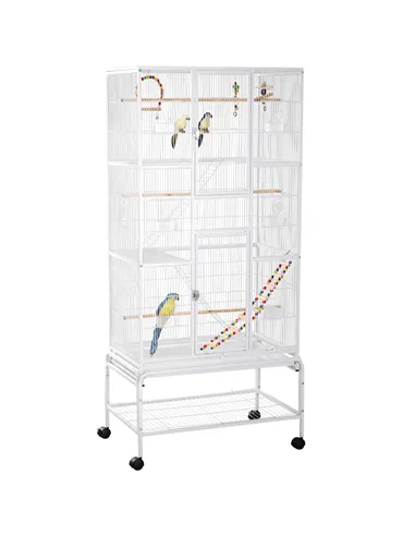 PawHut Large Bird Cage Budgie Cage 3 Tier Aviary with Stand Wheels, Toys, Ladders, Shelf for Canaries, Finches, Cockatiels, Para