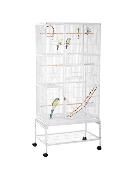 PawHut Large Bird Cage Budgie Cage 3 Tier Aviary with Stand Wheels, Toys, Ladders, Shelf for Canaries, Finches, Cockatiels, Para