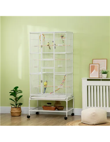PawHut Large Bird Cage Budgie Cage 3 Tier Aviary with Stand Wheels, Toys, Ladders, Shelf for Canaries, Finches, Cockatiels, Para