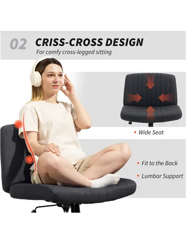 HOMCOM Armless Office Chair No Wheels, Linen Fabric Criss Cross Legged Desk Chair with Wide Seat, Thick Padding, Tilt Function, 