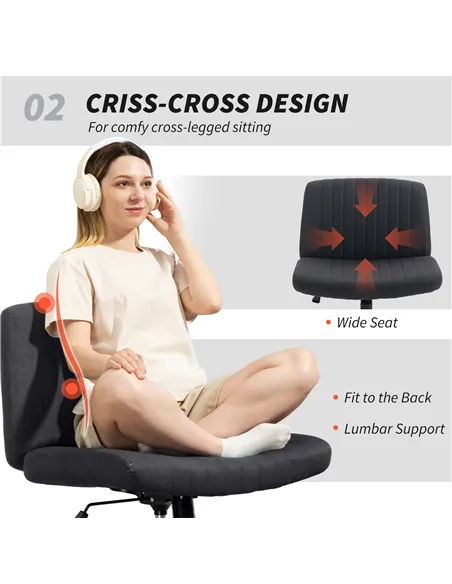 HOMCOM Armless Office Chair No Wheels, Linen Fabric Criss Cross Legged Desk Chair with Wide Seat, Thick Padding, Tilt Function, 