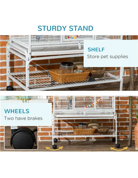 PawHut Large Bird Cage Budgie Cage 3 Tier Aviary with Stand Wheels, Toys, Ladders, Shelf for Canaries, Finches, Cockatiels, Para