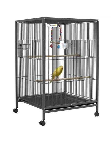 PawHut Bird Cage, Budgie Cage, with Rolling Stand, for Small Birds - Grey