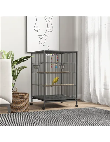 PawHut Bird Cage, Budgie Cage, with Rolling Stand, for Small Birds - Grey