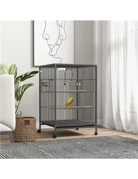 PawHut Bird Cage, Budgie Cage, with Rolling Stand, for Small Birds - Grey