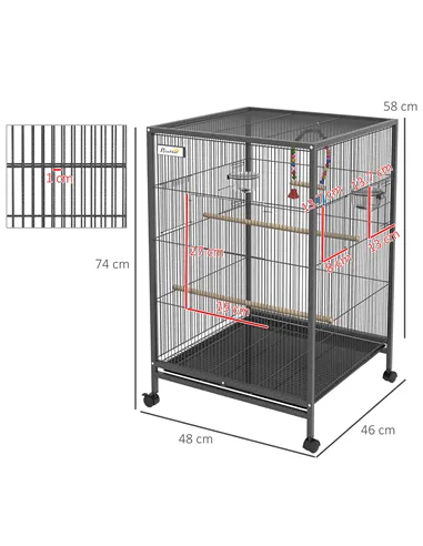 PawHut Bird Cage, Budgie Cage, with Rolling Stand, for Small Birds - Grey