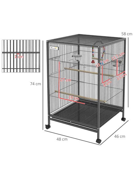 PawHut Bird Cage, Budgie Cage, with Rolling Stand, for Small Birds - Grey