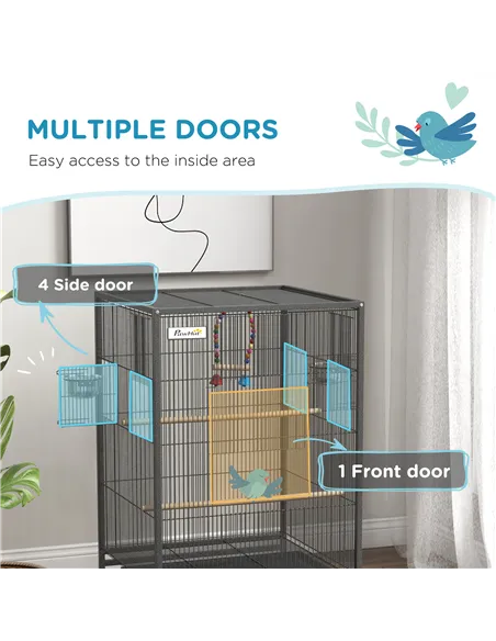 PawHut Bird Cage, Budgie Cage, with Rolling Stand, for Small Birds - Grey