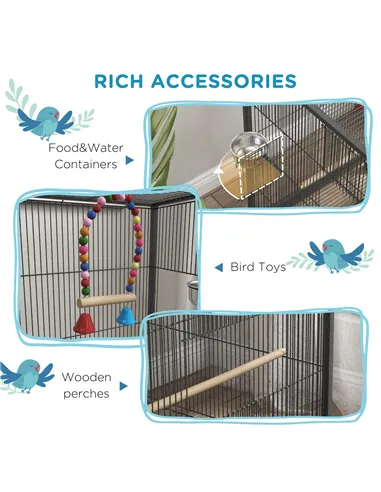 PawHut Bird Cage, Budgie Cage, with Rolling Stand, for Small Birds - Grey