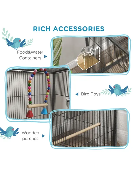 PawHut Bird Cage, Budgie Cage, with Rolling Stand, for Small Birds - Grey
