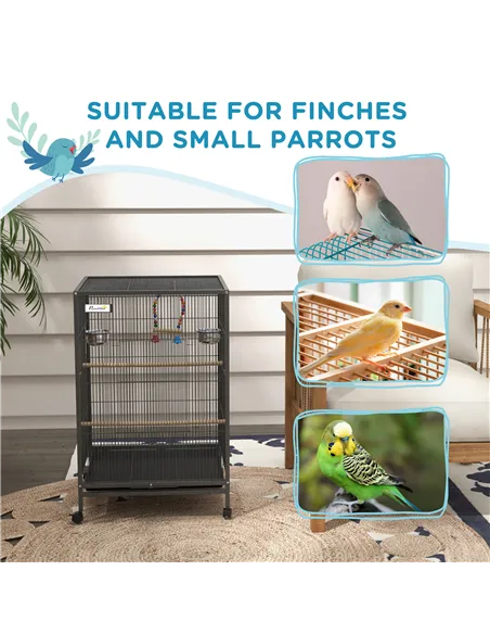 PawHut Bird Cage, Budgie Cage, with Rolling Stand, for Small Birds - Grey