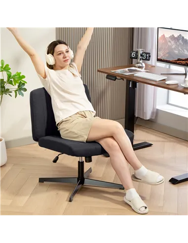 HOMCOM Armless Office Chair No Wheels, Linen Fabric Criss Cross Legged Desk Chair with Wide Seat, Thick Padding, Tilt Function, 