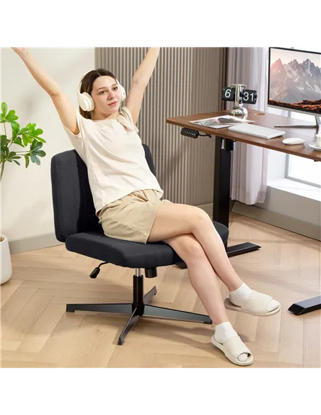 HOMCOM Armless Office Chair No Wheels, Linen Fabric Criss Cross Legged Desk Chair with Wide Seat, Thick Padding, Tilt Function, 