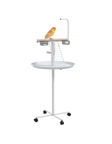 PawHut Bird Stand with Four Wheels, Perches, Stainless Steel Feed Bowls, Round Tray, for Garden, Indoor, Outdoor - White