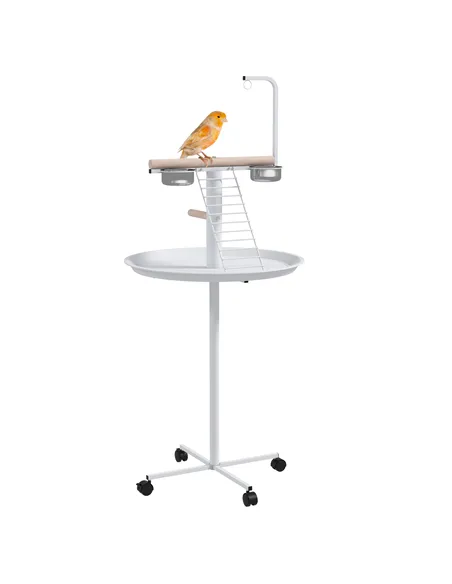 PawHut Bird Stand with Four Wheels, Perches, Stainless Steel Feed Bowls, Round Tray, for Garden, Indoor, Outdoor - White