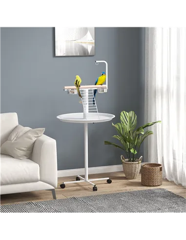 PawHut Bird Stand with Four Wheels, Perches, Stainless Steel Feed Bowls, Round Tray, for Garden, Indoor, Outdoor - White