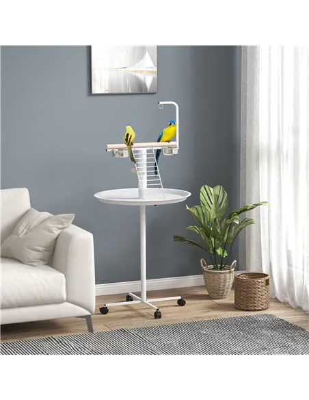 PawHut Bird Stand with Four Wheels, Perches, Stainless Steel Feed Bowls, Round Tray, for Garden, Indoor, Outdoor - White