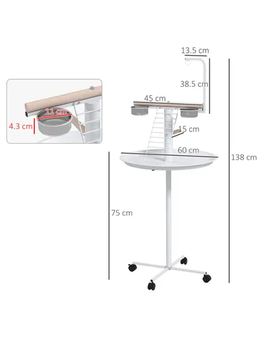 PawHut Bird Stand with Four Wheels, Perches, Stainless Steel Feed Bowls, Round Tray, for Garden, Indoor, Outdoor - White