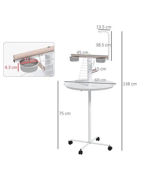 PawHut Bird Stand with Four Wheels, Perches, Stainless Steel Feed Bowls, Round Tray, for Garden, Indoor, Outdoor - White