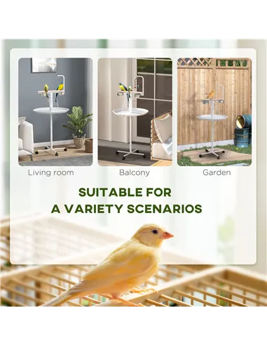 PawHut Bird Stand with Four Wheels, Perches, Stainless Steel Feed Bowls, Round Tray, for Garden, Indoor, Outdoor - White