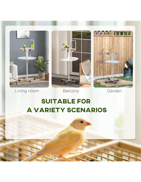 PawHut Bird Stand with Four Wheels, Perches, Stainless Steel Feed Bowls, Round Tray, for Garden, Indoor, Outdoor - White