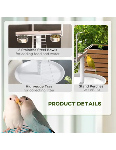 PawHut Bird Stand with Four Wheels, Perches, Stainless Steel Feed Bowls, Round Tray, for Garden, Indoor, Outdoor - White