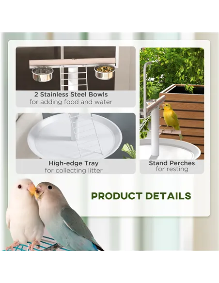 PawHut Bird Stand with Four Wheels, Perches, Stainless Steel Feed Bowls, Round Tray, for Garden, Indoor, Outdoor - White