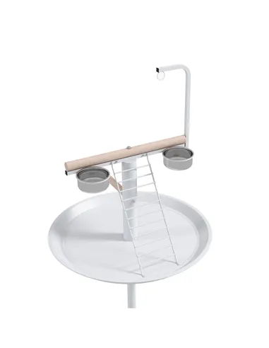 PawHut Bird Stand with Four Wheels, Perches, Stainless Steel Feed Bowls, Round Tray, for Garden, Indoor, Outdoor - White