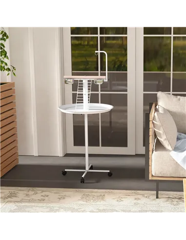 PawHut Bird Stand with Four Wheels, Perches, Stainless Steel Feed Bowls, Round Tray, for Garden, Indoor, Outdoor - White