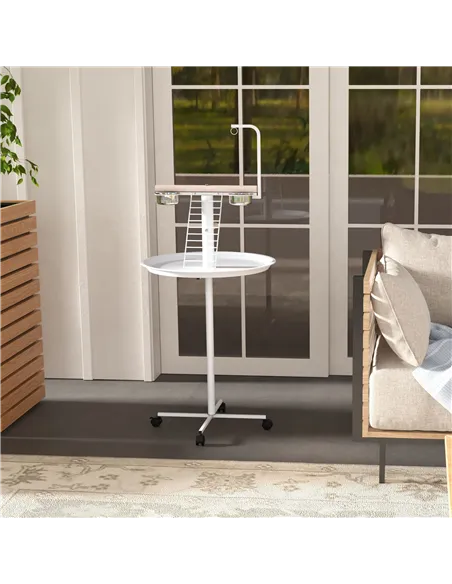 PawHut Bird Stand with Four Wheels, Perches, Stainless Steel Feed Bowls, Round Tray, for Garden, Indoor, Outdoor - White