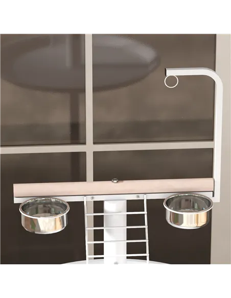 PawHut Bird Stand with Four Wheels, Perches, Stainless Steel Feed Bowls, Round Tray, for Garden, Indoor, Outdoor - White