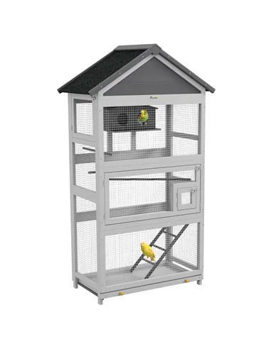 PawHut Wooden Bird Cage, with Stand, for Finches, Parakeets, Small birds - Grey