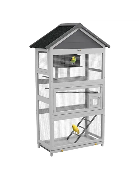 PawHut Wooden Bird Cage, with Stand, for Finches, Parakeets, Small birds - Grey