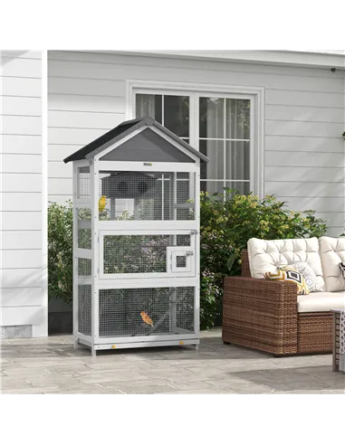 PawHut Wooden Bird Cage, with Stand, for Finches, Parakeets, Small birds - Grey