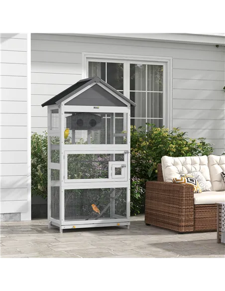 PawHut Wooden Bird Cage, with Stand, for Finches, Parakeets, Small birds - Grey