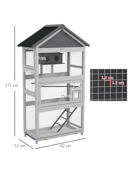 PawHut Wooden Bird Cage, with Stand, for Finches, Parakeets, Small birds - Grey
