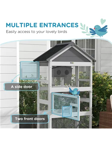 PawHut Wooden Bird Cage, with Stand, for Finches, Parakeets, Small birds - Grey