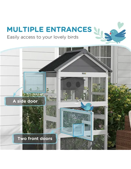 PawHut Wooden Bird Cage, with Stand, for Finches, Parakeets, Small birds - Grey