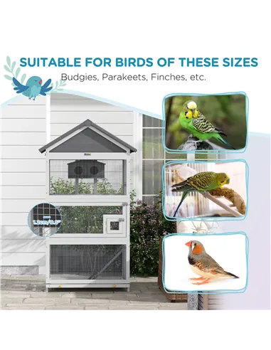 PawHut Wooden Bird Cage, with Stand, for Finches, Parakeets, Small birds - Grey