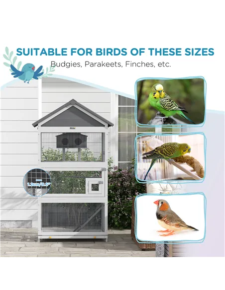 PawHut Wooden Bird Cage, with Stand, for Finches, Parakeets, Small birds - Grey