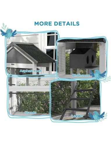 PawHut Wooden Bird Cage, with Stand, for Finches, Parakeets, Small birds - Grey